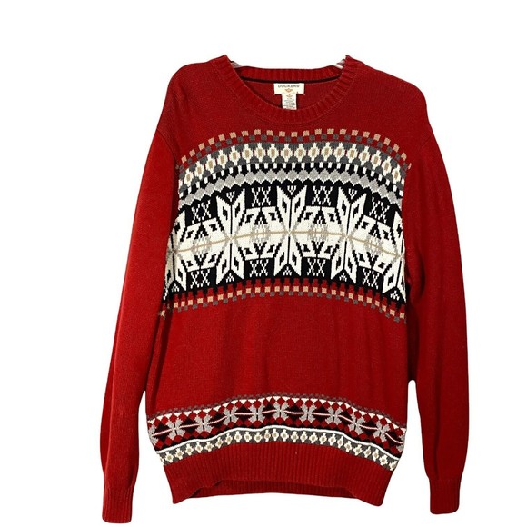 Dockers Sweater Sz L Mens Red Black Cotton Crew Neck Fair Isle Pullover - Picture 2 of 10